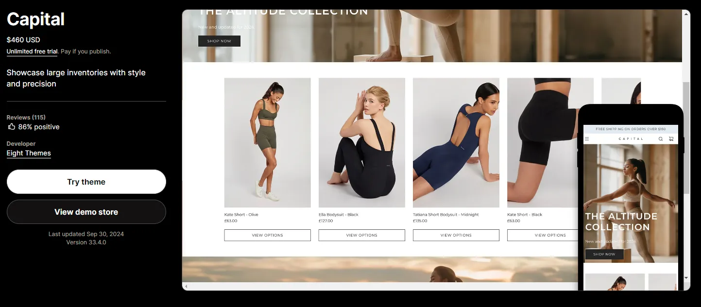 Pricing of the Shopify theme Capital